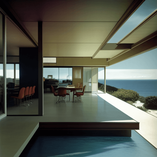 AI generated: Hyper realistic eye level exterior photo of a mid century modern style house overlooking the ocean, ...