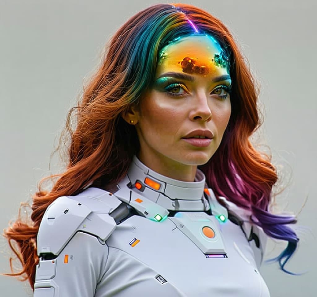 AI generated: beautiful angle view of Species woman individual from another planet with multicolored hair, beautif...