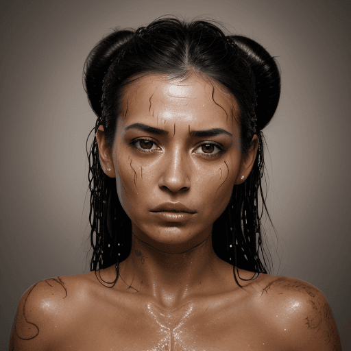 AI generated: Portrait, epic realistic, solo, beautifull woman, tanned skin, run out make up, tattoo in neck, long...