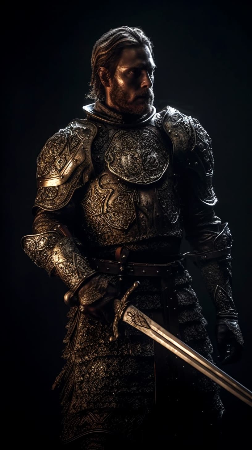 AI generated: Middle-aged bearded male fighter wearing plate armor with a sword, on a battlefield, intricate desig...