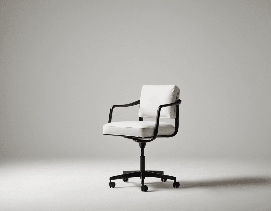 AI generated: minimalistic chair, white studio setting, a Hasselblad X1D II 50C 90mm lens, texture and fine stitch...