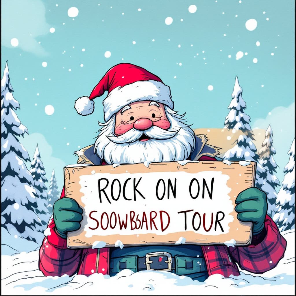 AI generated: a cartoon character is in the snow with a santa clause on his face and a sign that says rock on snow...