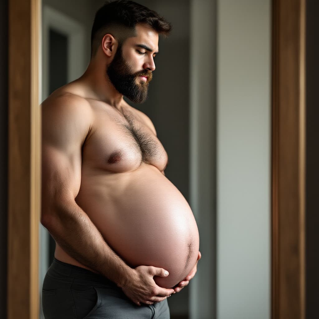 AI generated: a man is pregnant with a huge pregnant belly, looking in the mirror. Shirtless. 