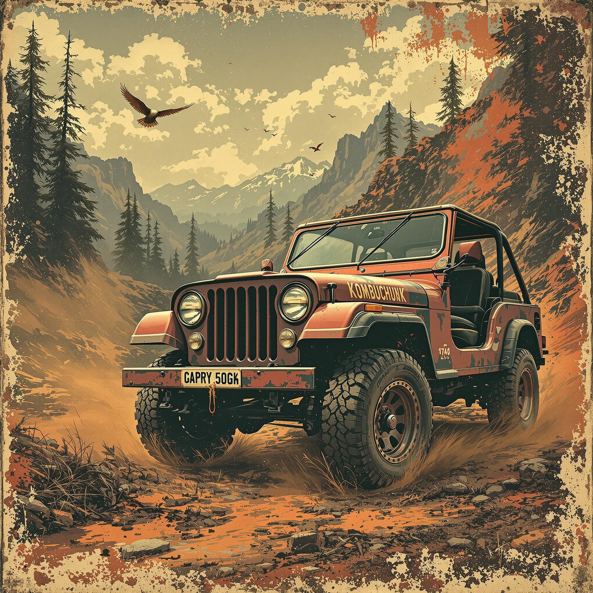 AI generated: Jeep vintage poster, in the style of rustic simplicity, gritty reportage, kombuchapunk, rusty debris...