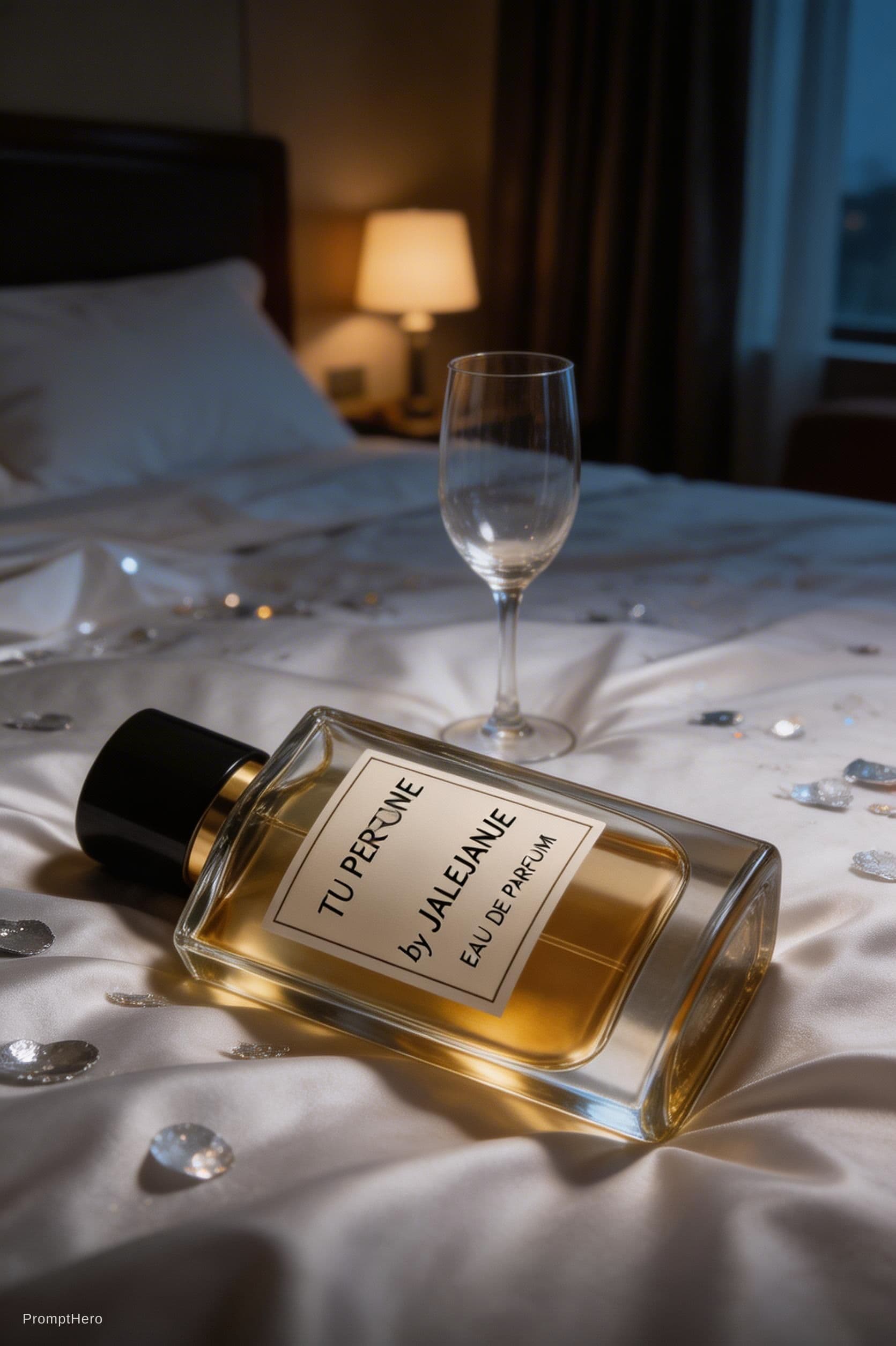 AI generated: Depressive sad perfume bottle, write "Tu Perfume" by Jalejanje eau de parfum, lying on bed hotel aft...