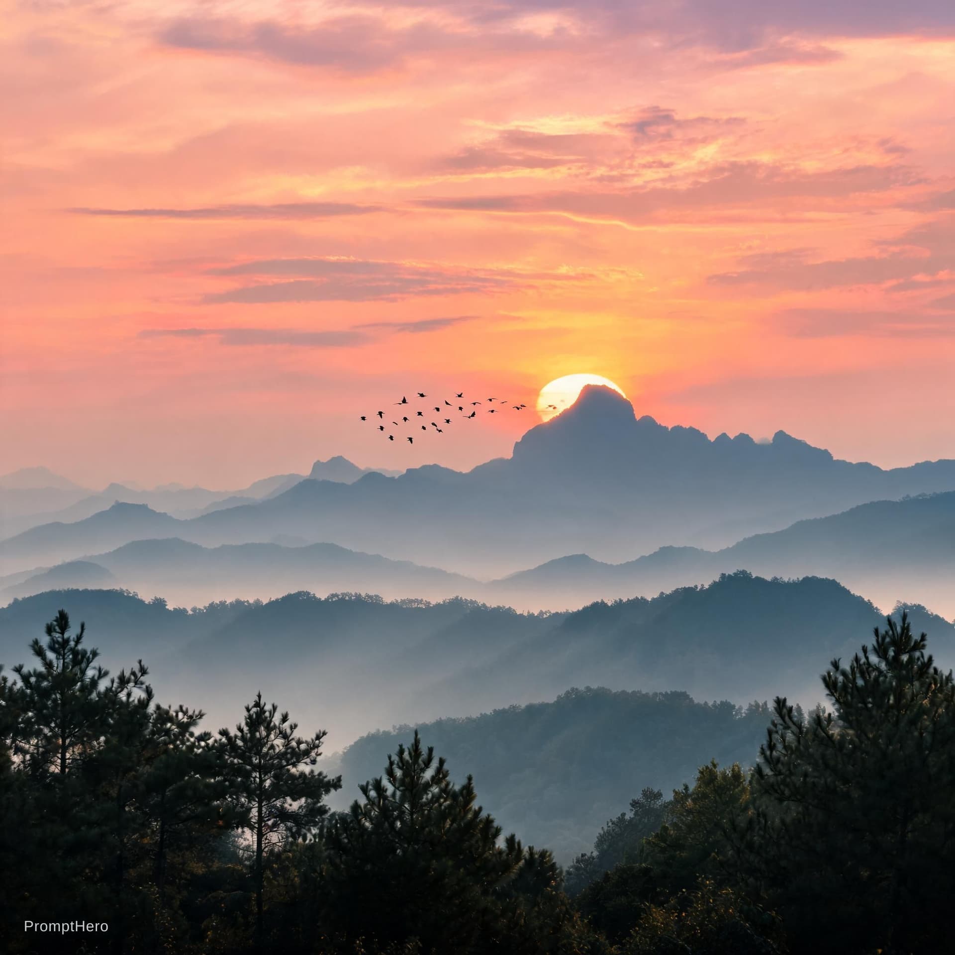 AI generated: A simple image that shows a peaceful evening in a mountain with birds and sun set 
Looking very cool...