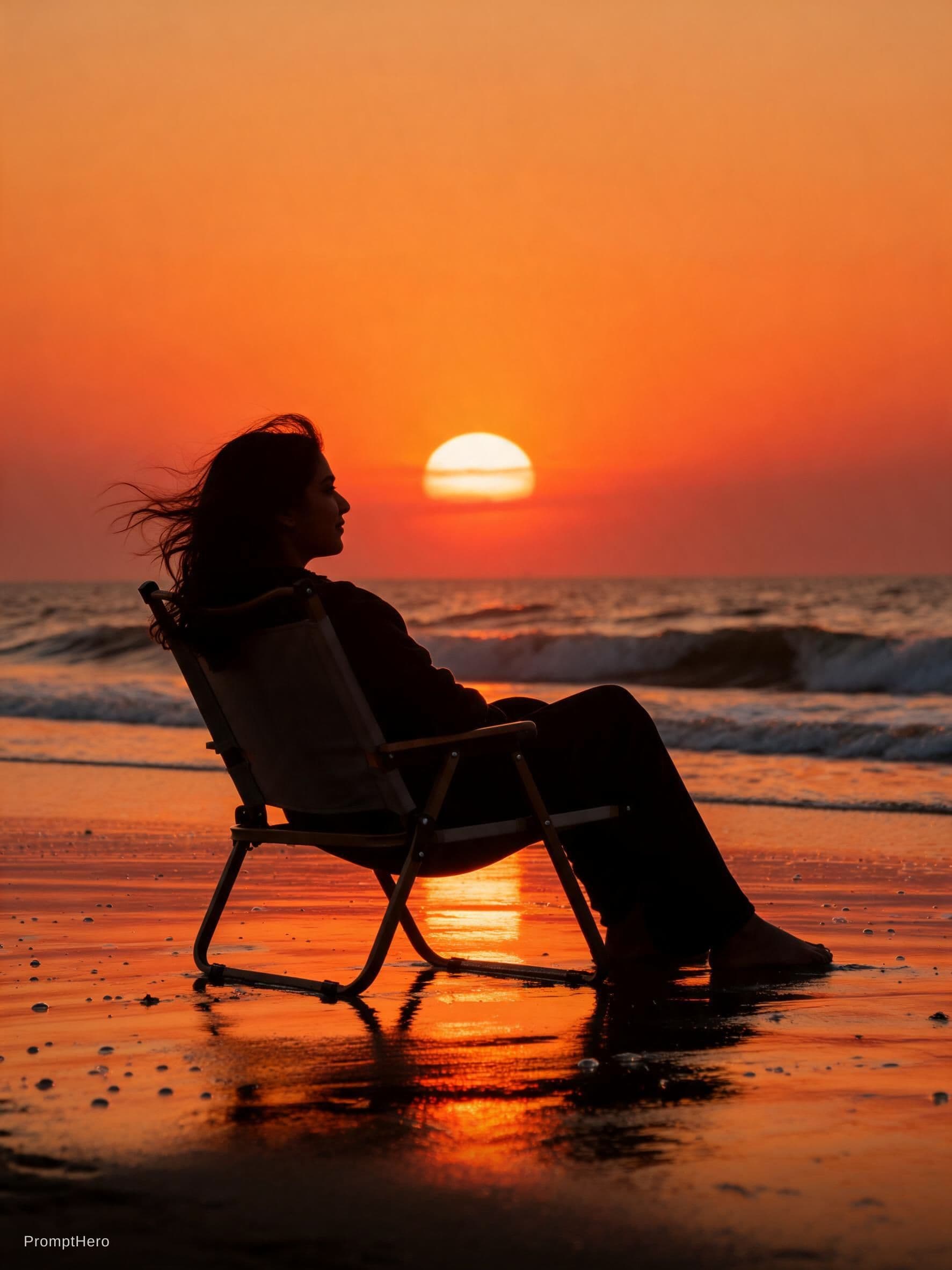 AI generated: cinematic seascape, warm color grading, long-lens compression, straight horizon, large sun near uppe...