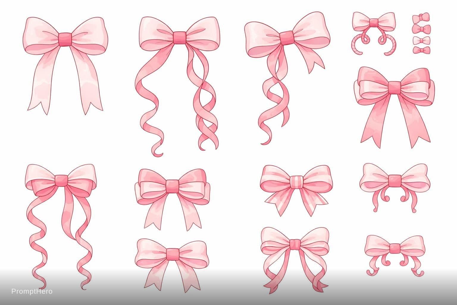 AI generated: Elegant coquette bow set 10 pieces, thin lines + soft fills TWO colors: pastel pink (#FFD1DC) main a...
