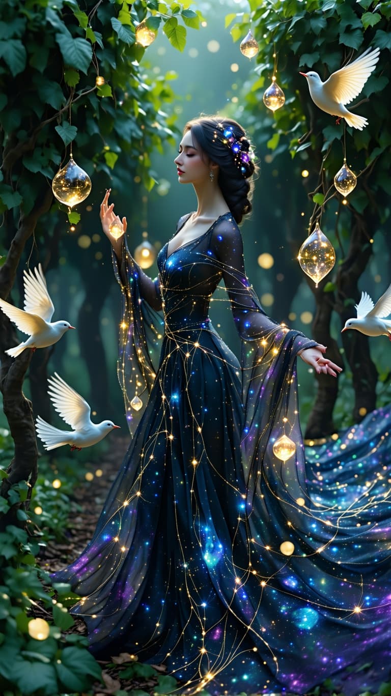 AI generated: A majestic, ethereal woman, her gown woven from constellations and golden vines, stands in an enchan...