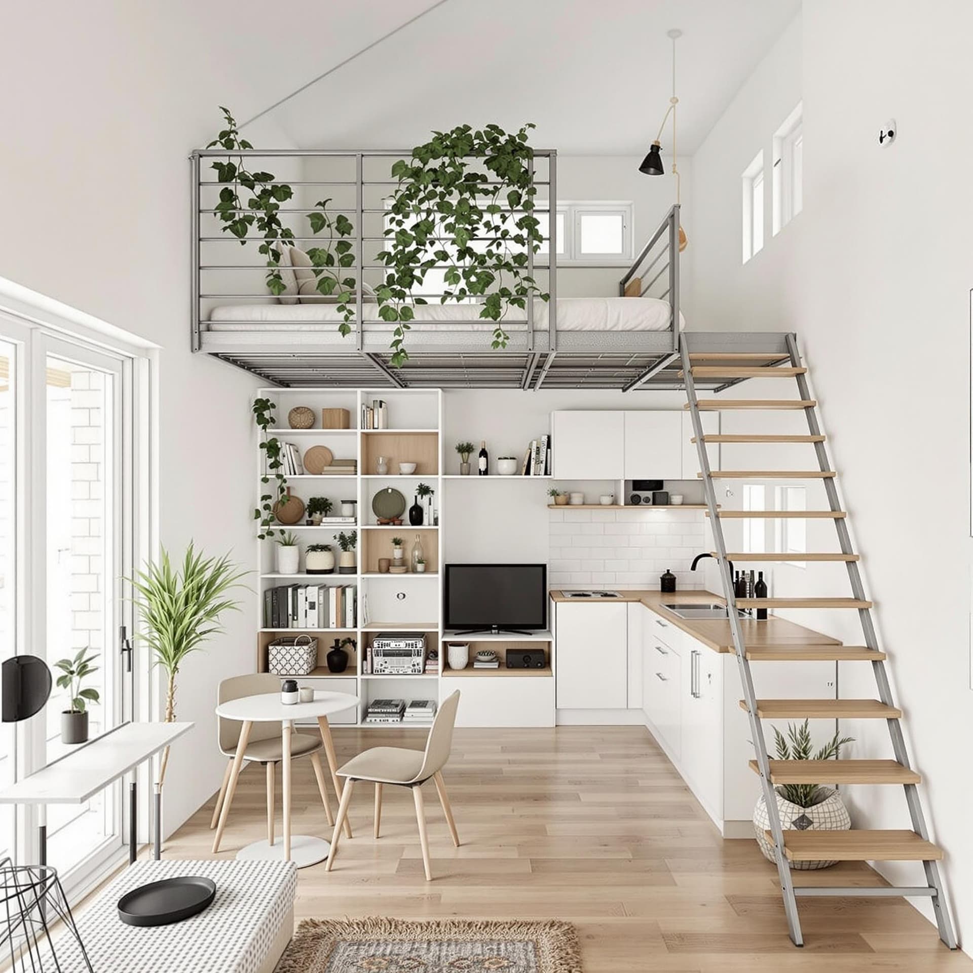 AI generated: The interior of a ground floor, two-story, single-room space in Kozani Greece, approximately 65m² th...