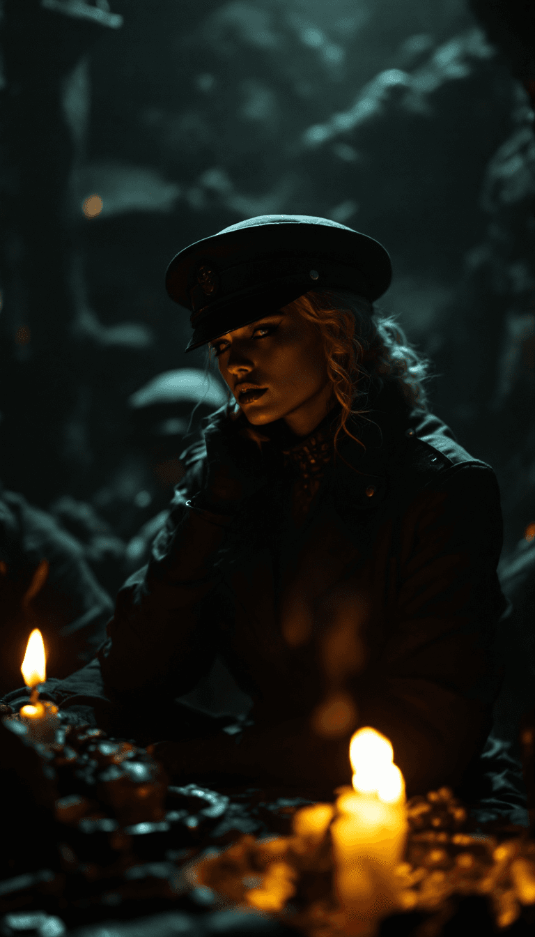 AI generated: a woman  in soldier suit,war scenes,dramatic environment,nikon 35 mm dslr,dark noir,dramatic lightin...