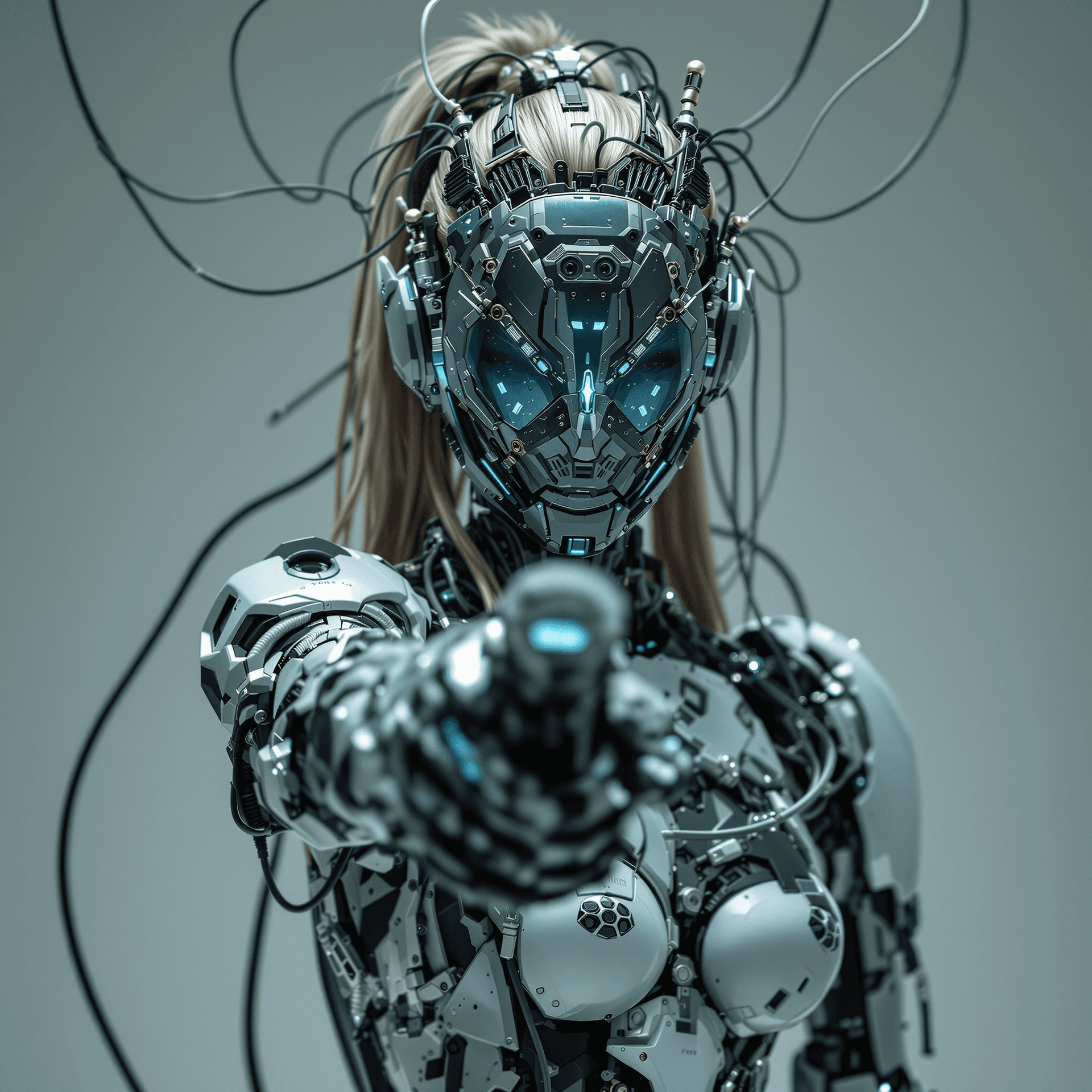 AI generated: full body picture Cyberpunk humanoid robot female, ponytail hairs, wearing android mask, , wires con...