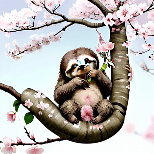 AI generated: Describe a peaceful scene of a sloth resting on a branch of a blooming sakura (cherry blossom) tree....