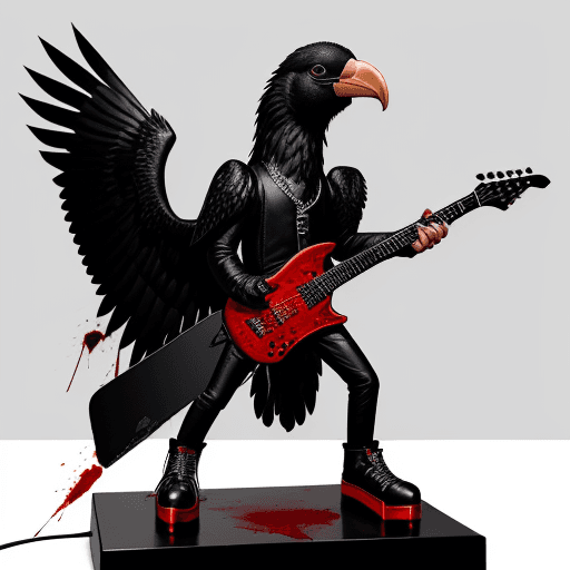 AI generated: Black metallic condor. with a background of blood, standing on a black electric guitar and a red ele...
