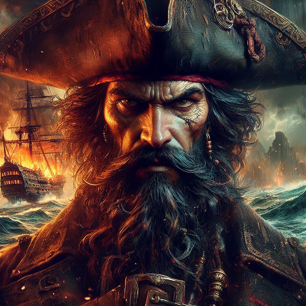 AI generated: digital wallpaper portrait of Blackbeard with a focus on his menacing and intriguing facial expressi...