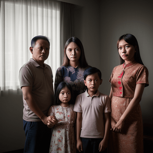 AI generated: Indonesian family photo, 50 year old father, 50 year old mother, 35 year old daughter, 32 year old d...