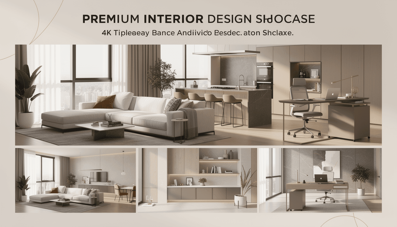 AI generated: premium interior design showcase, collage of modern living room, kitchen and office space blended to...