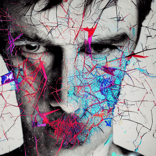 AI generated: colorful double-exposure photo of dark smoke and shattered fragments on the face, describing the mes...