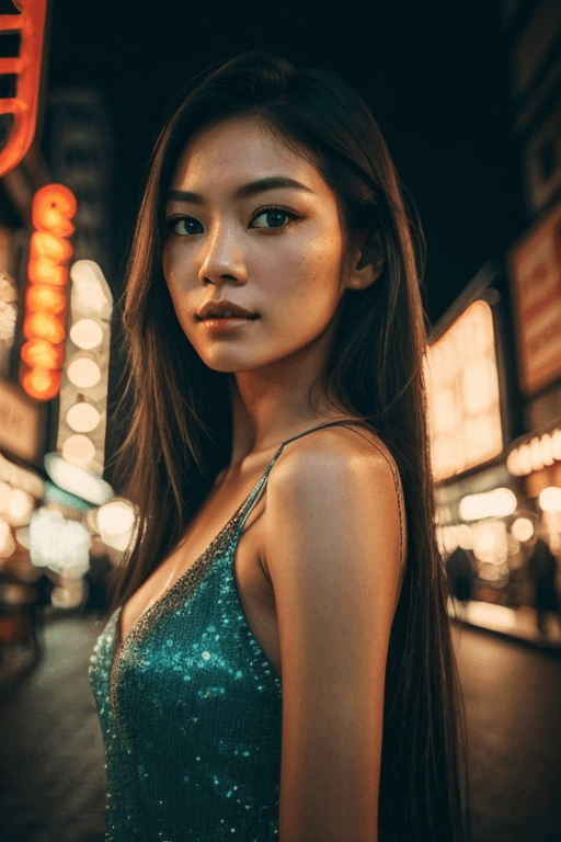 AI generated: realistic close portrait of very beautiful girl, a young supermodel girl, asian market backgroud, sh...