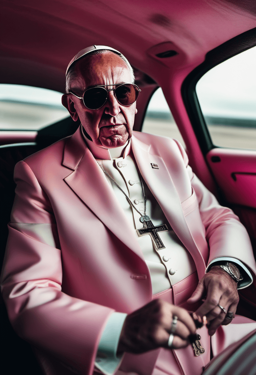 AI generated: Pope Francis in aviator shades smoking crack, pink jacket, car interior, close up, photo in the styl...