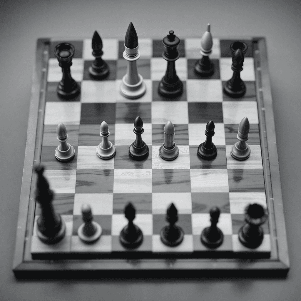 AI generated: A modern chess board, a blck and white image, chess pices are a even mixture of Artillery shells bul...