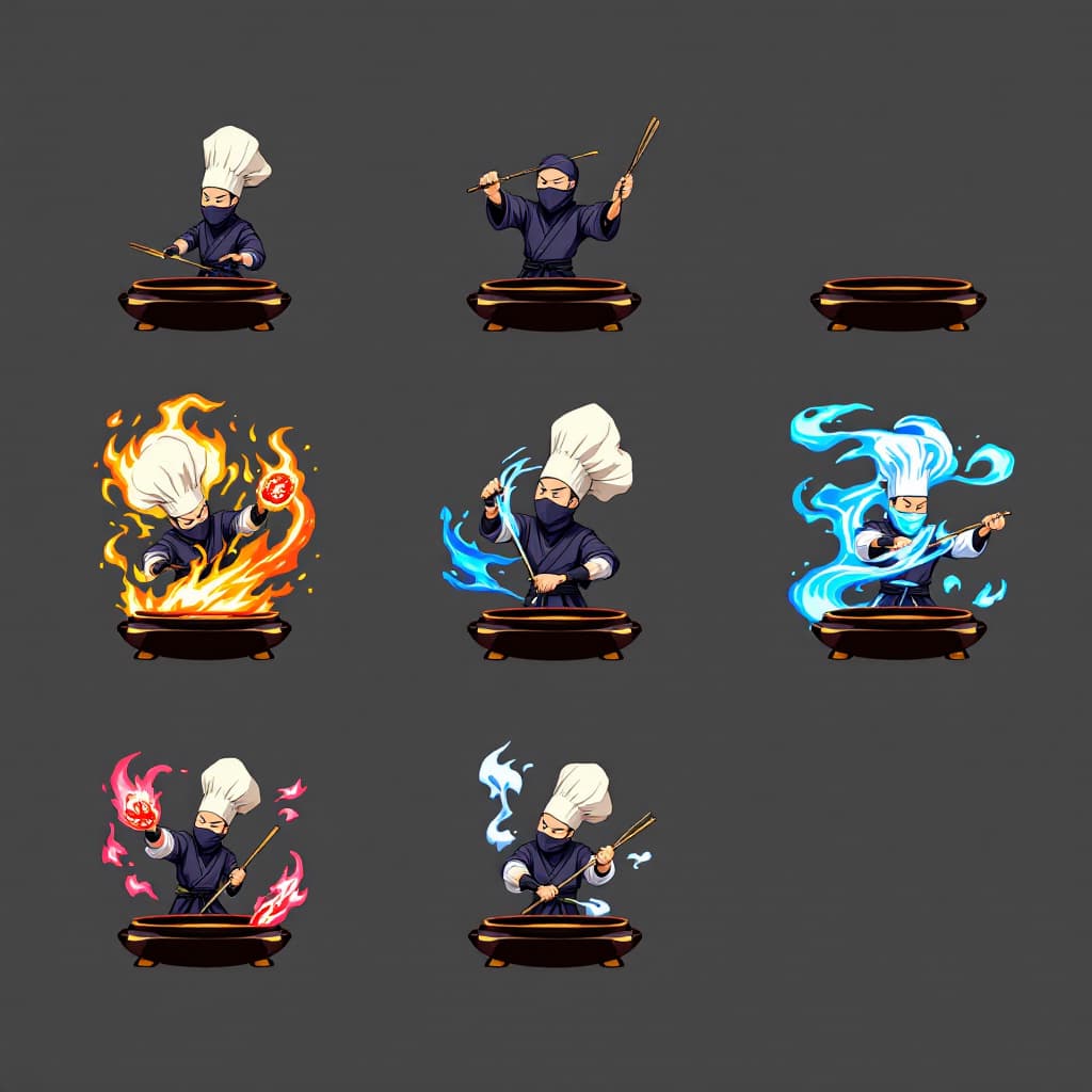 AI generated: Design a set of high-paying symbols for an anime-style slot game, featuring ninja chefs associated w...