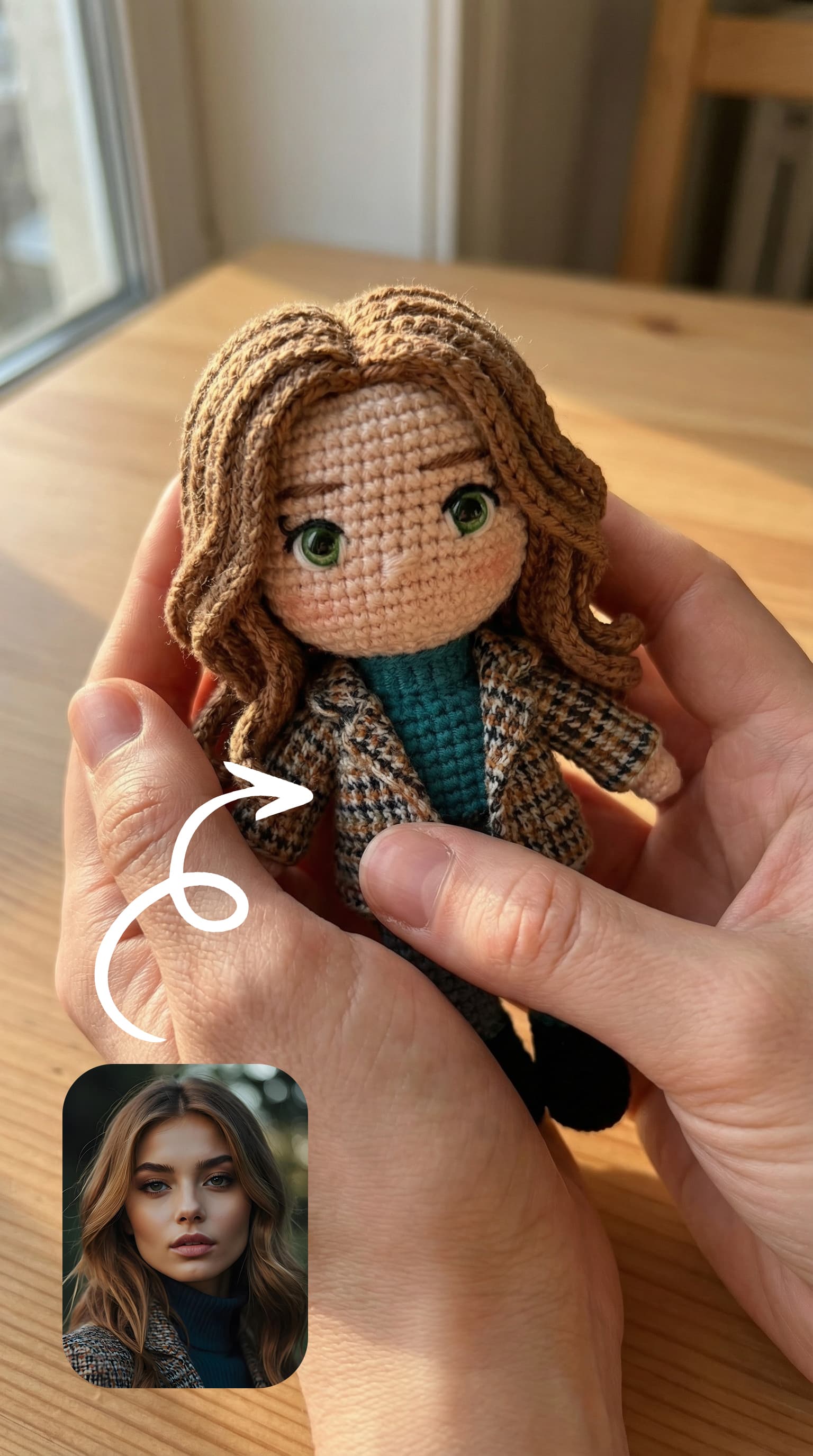 AI generated: A close-up, professionally composed photograph showcasing a hand-crocheted yarn doll gently cradled ...