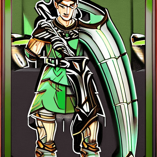 AI generated: Archer male elf with dark green and white light armor holding a black bow and arrow art nouveau 