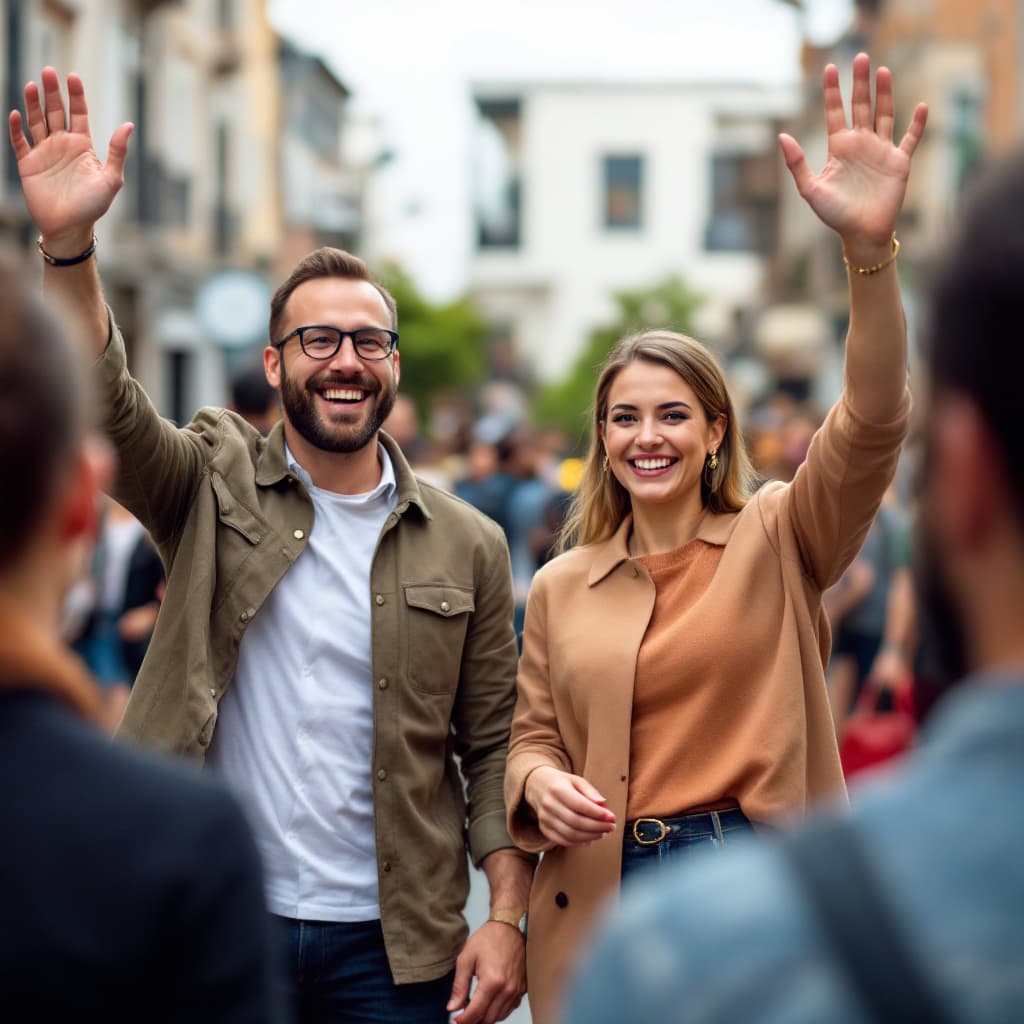 AI generated: Men and woman smile, wave their arms, and greet the people in front of them