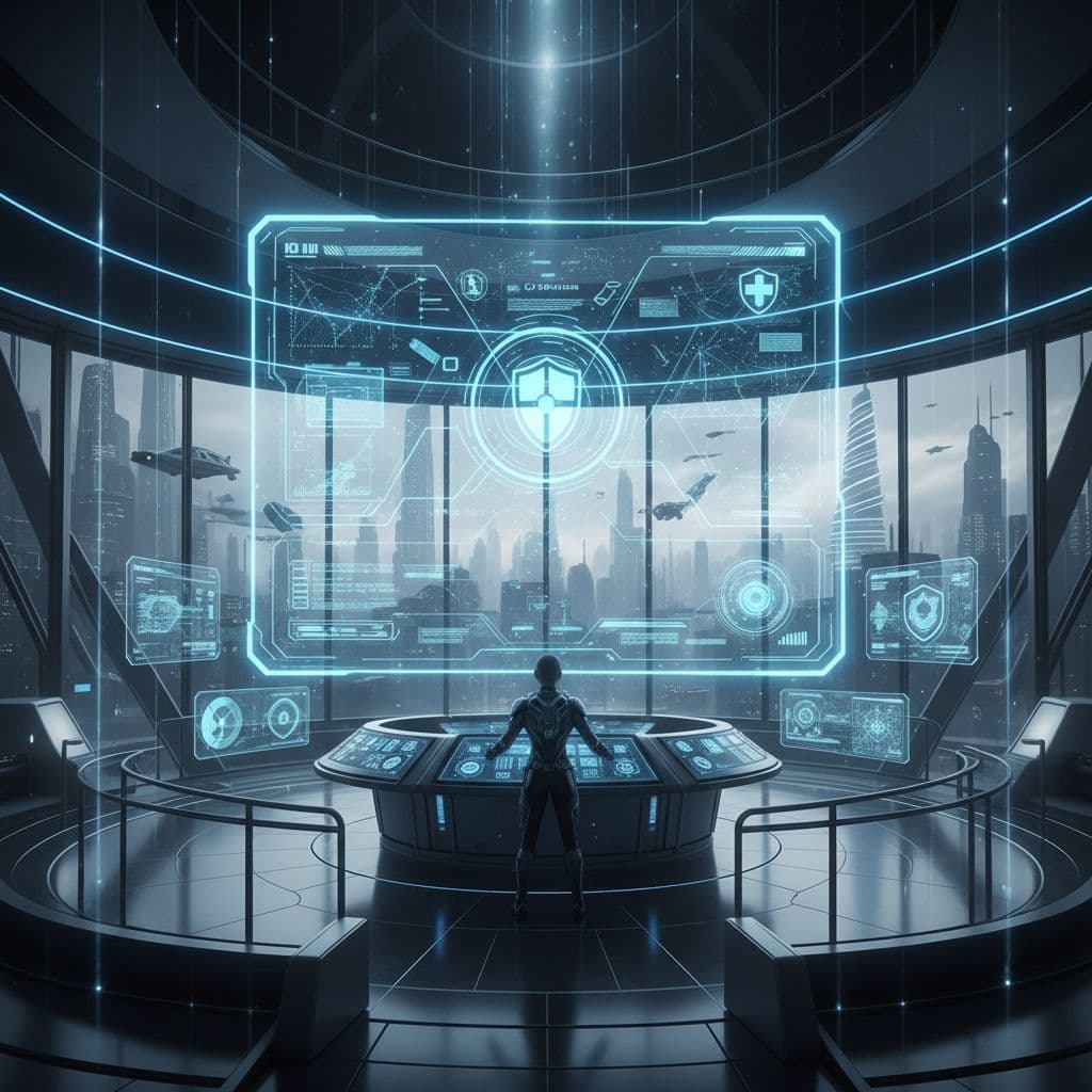 AI generated: technology innovation modern futuristic intelligence security cybernetic ethereal holographic interf...