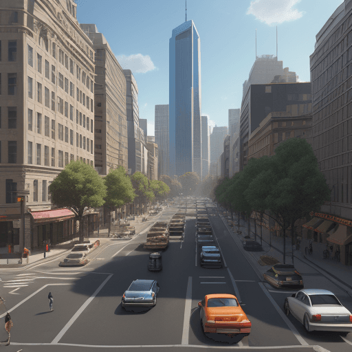 AI generated: Create a 3D Pixar animation style image of a busy city street during the day with a large bank in th...