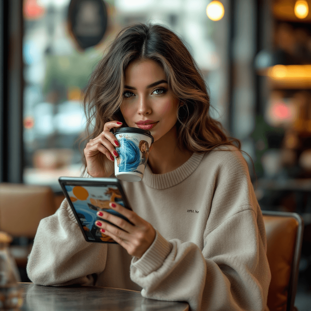 AI generated: "Design a hyper-realistic scene of a stunning woman sitting at a modern coffee shop, holding a table...