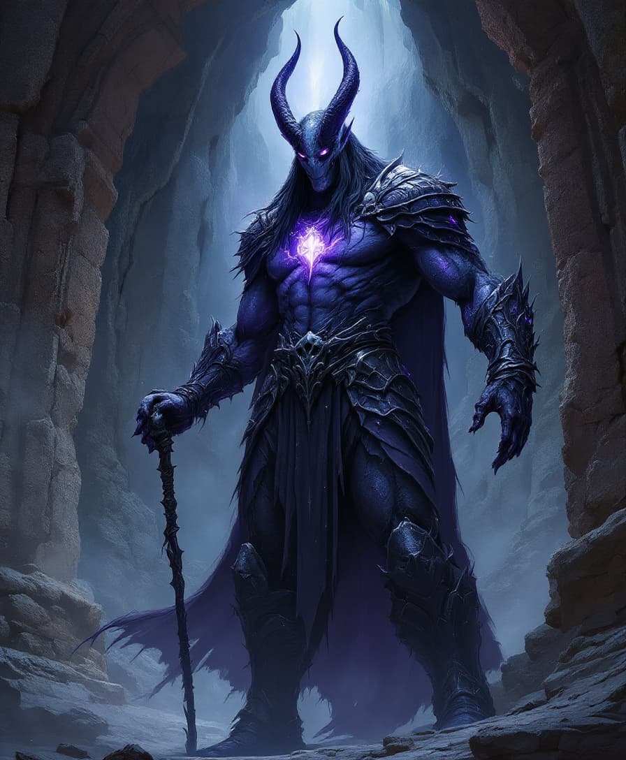 AI generated: Visualize a towering dark elf warlord, standing beneath a crumbling stone vault within the deepest s...