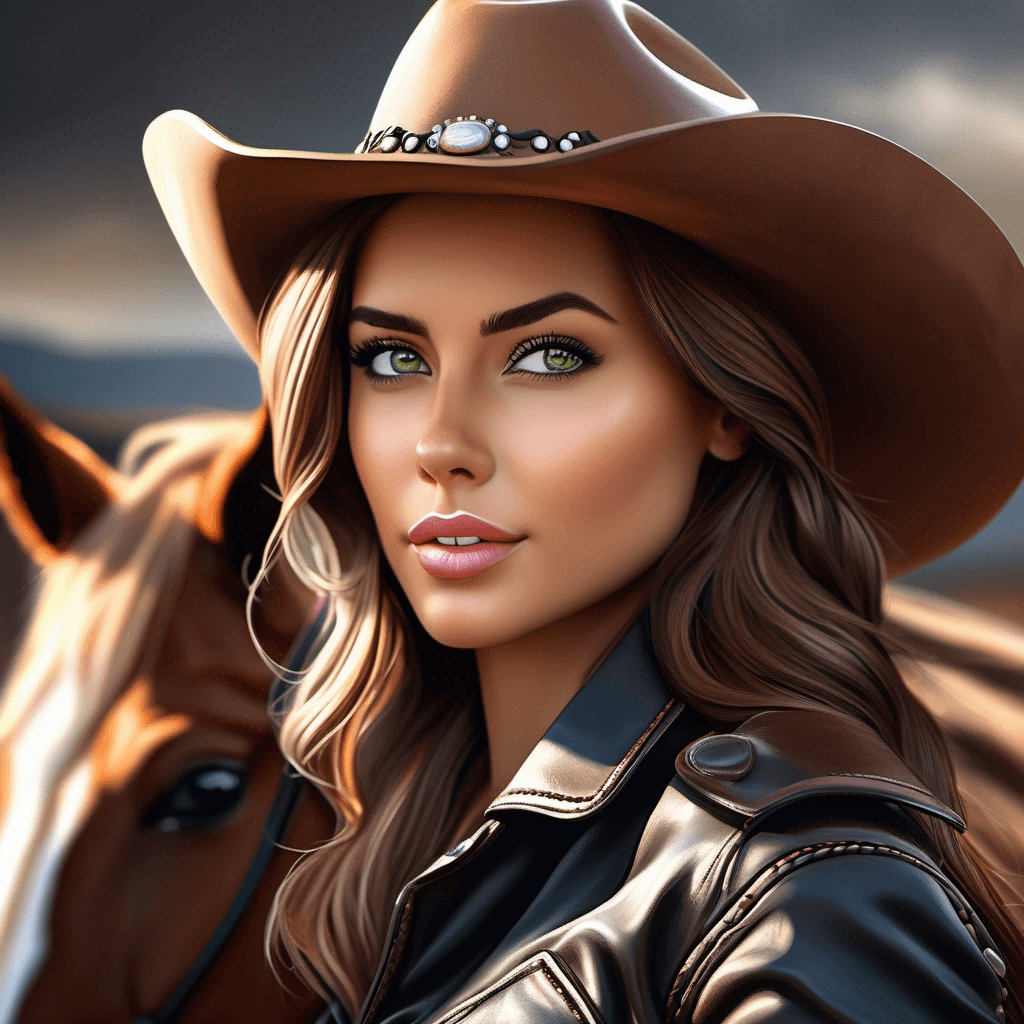 AI generated: A close up  portrait of a young sexy physically attractive and alluring cowgirl model, hyper realist...