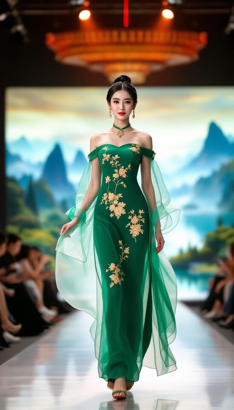 AI generated: A beautiful Chinese model, with a black bun, wearing a stunning traditional Chinese green translucen...