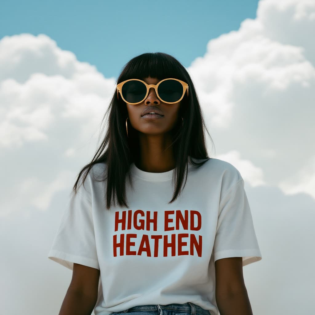 AI generated: A photo of an eccentric black woman sitting on top of white fluffy clouds wearing big sunglasses and...