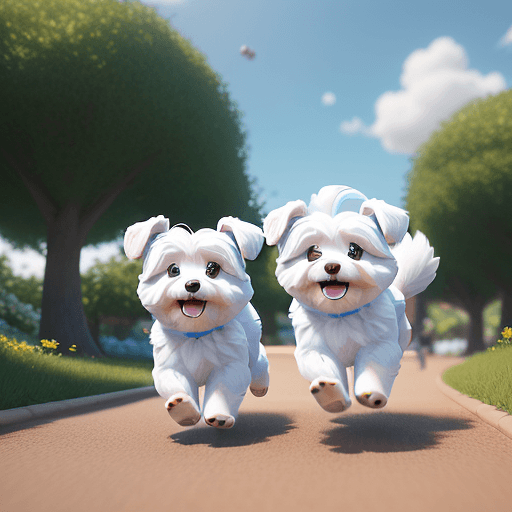 AI generated: Create a movie poster for Lumi and Tuisku, two cute Coton de Tulear dogs running happily, Disney Pix...