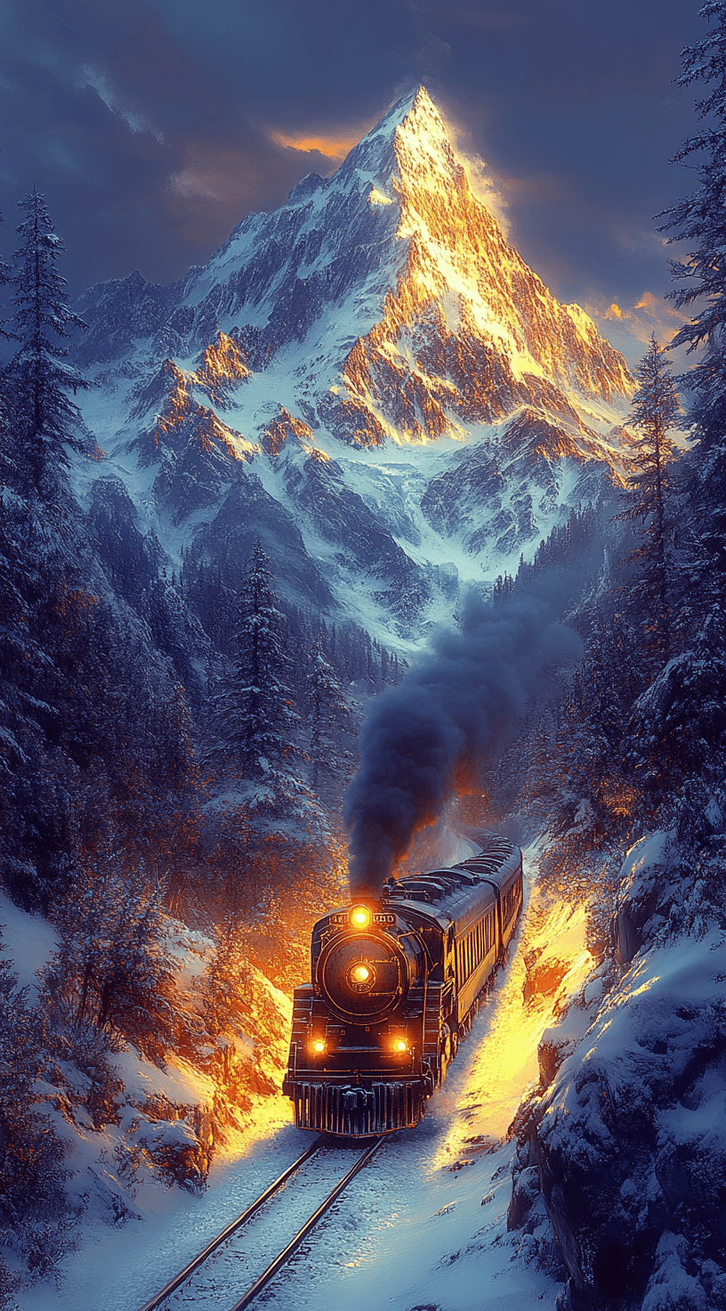 AI generated: A luxurious oriental train with golden lights is driving through the snow-covered mountains, creatin...