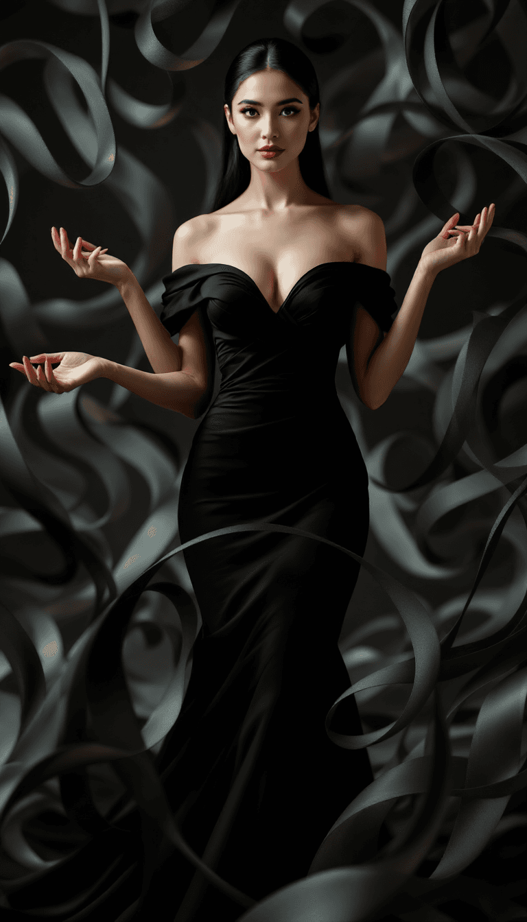 AI generated: The image features a woman standing confidently with both hands lightly touching the swirling, ribbo...