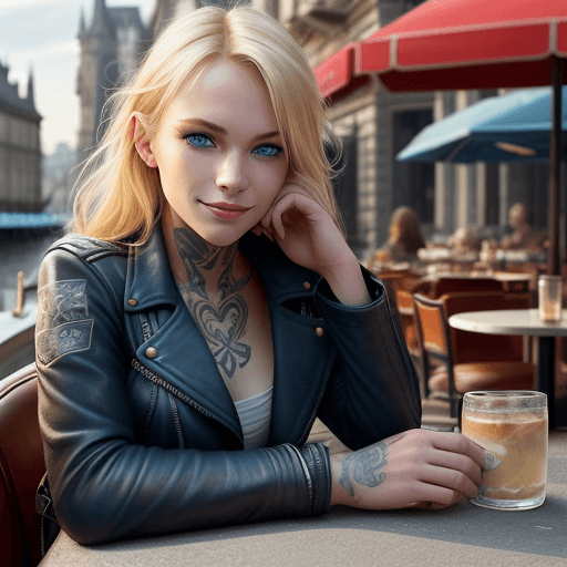 AI generated: girl, blond hair, crooked smile, blue eyes, tattoo, leather jacket, sitting on the terrace of a cafe...