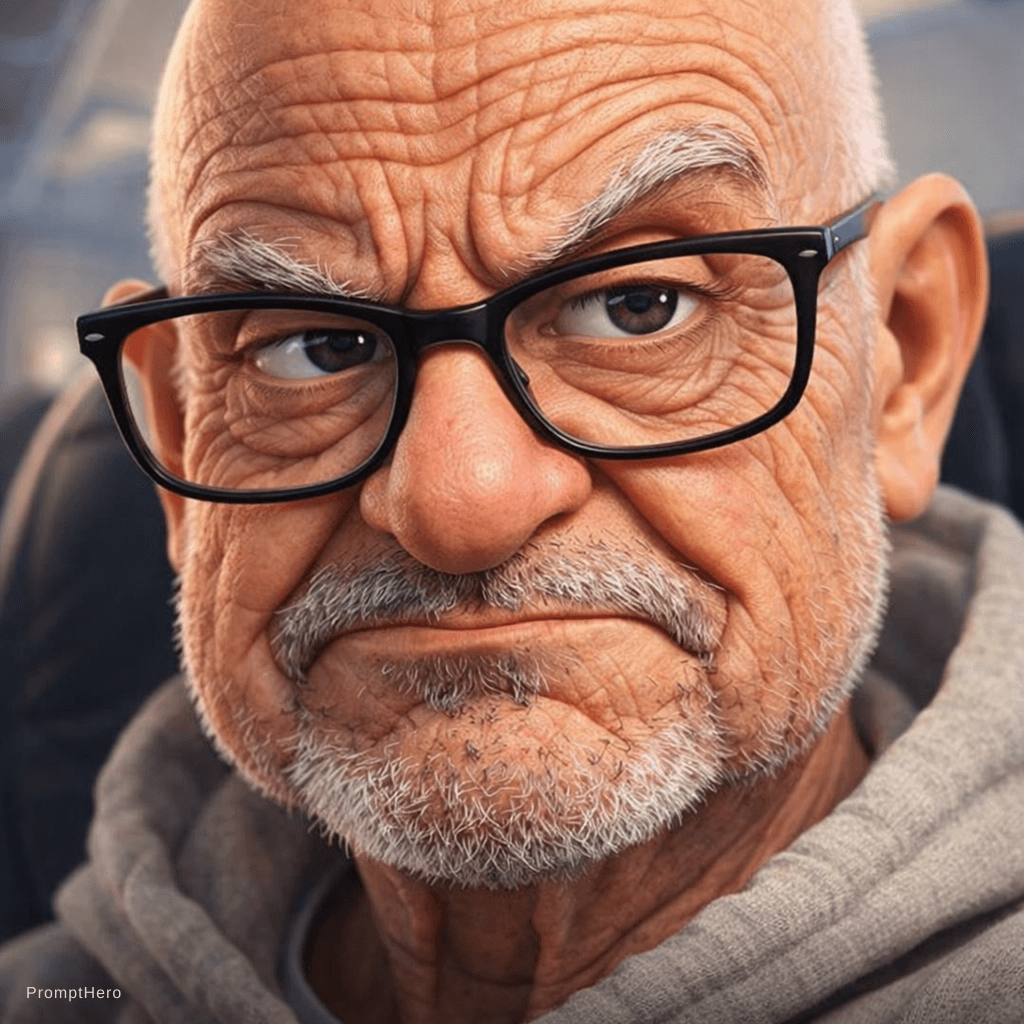 AI generated: Expressive caricature in pixar style unreal charming seemingly mischievous irritated very old man wi...