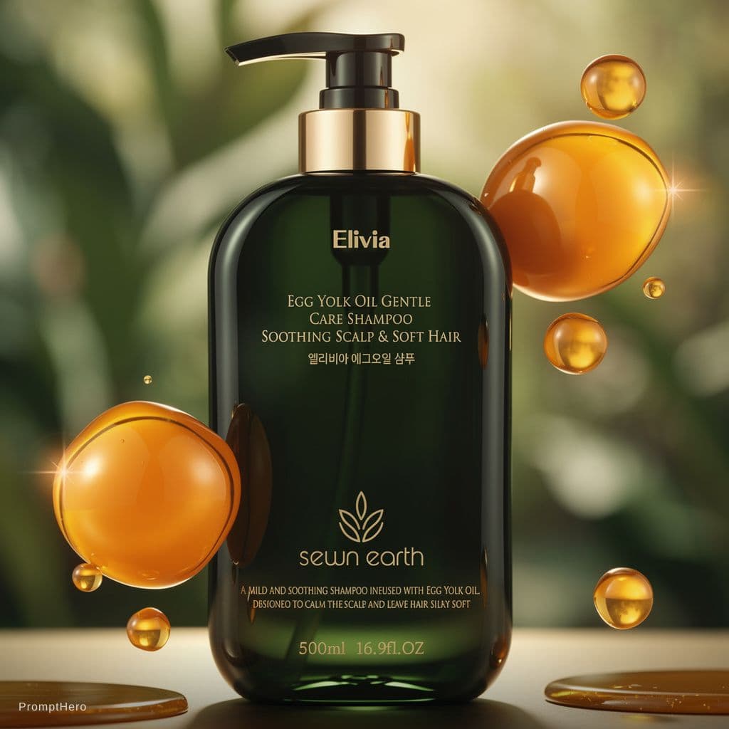 AI generated: luxury cosmetic product shot, egg yolk oil shampoo bottle, dark green premium cosmetic bottle with g...