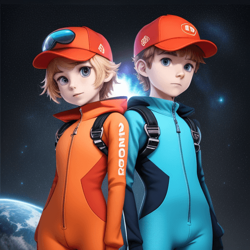 AI generated: Generate 2 character images of a boy and girl named Inno and Nova wearing jumpsuite and a cap with t...