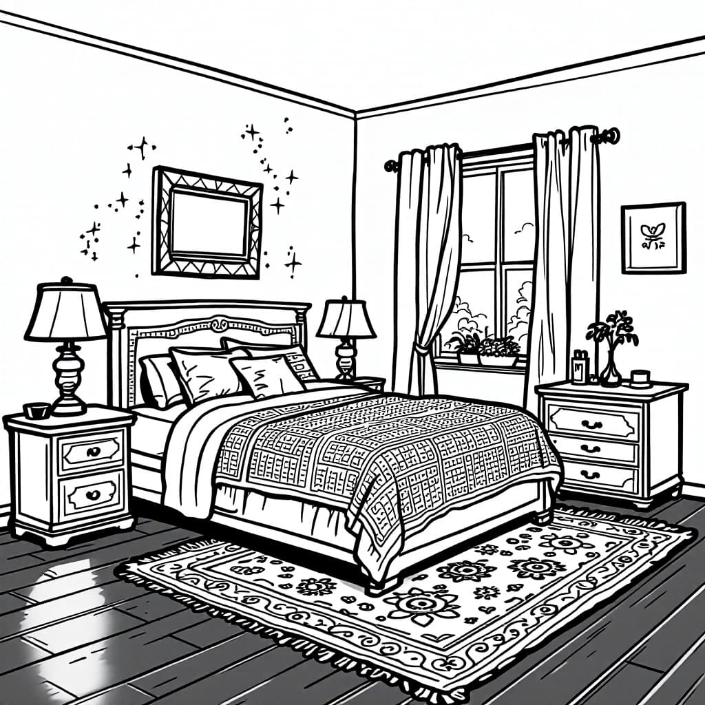 AI generated: Create a high-resolution black-and-white line drawing of a guest bedroom. Include detailed elements ...
