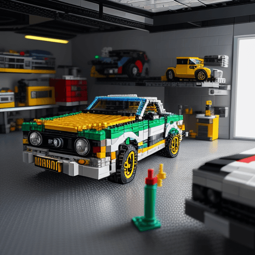 AI generated: A Lego car in a garage scene, lego set, highly detailed, intricate, technical, unreal engine 5, 8k, ...