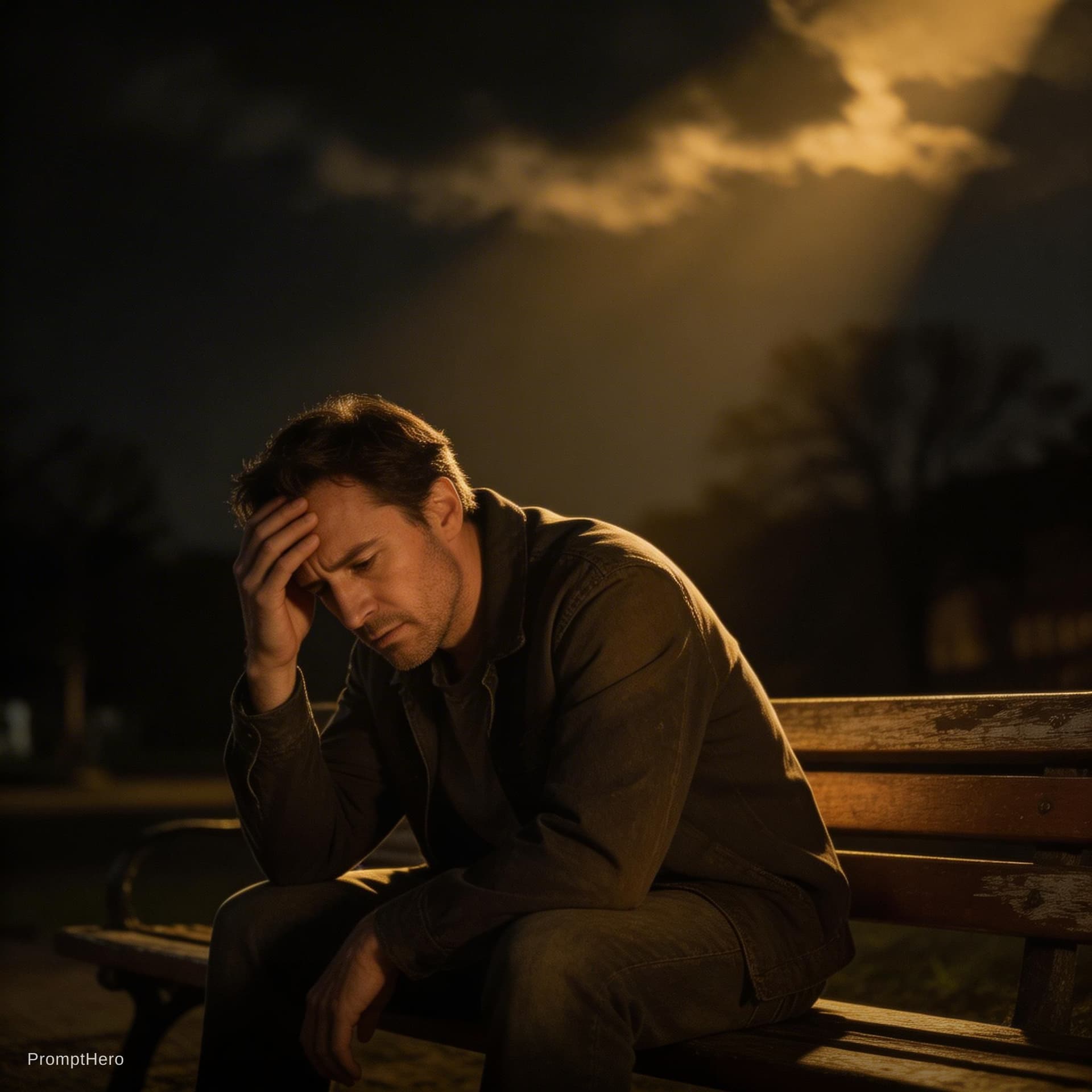 AI generated: A cinematic emotional scene of a tired man sitting alone at night, feeling regret, dark atmosphere, ...