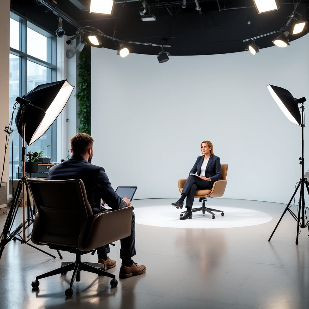 AI generated: a presenter on a chair facing the camera, a spacious TV studio with a frontal view, Herman Miller Ae...