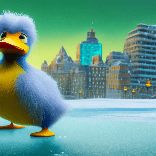 AI generated: Super-HAIRY DUCKIE" masterpiece concept art: A [Super-HAIRY DUCKIE] open poised amidst a frozen city...