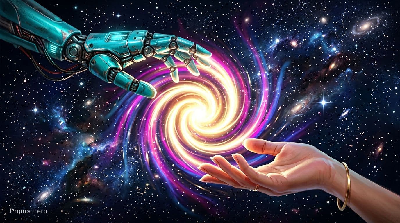 AI generated: 2 Hands. Hand 1: Robot hand, colour turquois metal, relaxed open palm downward. Hand 2: Human, femal...