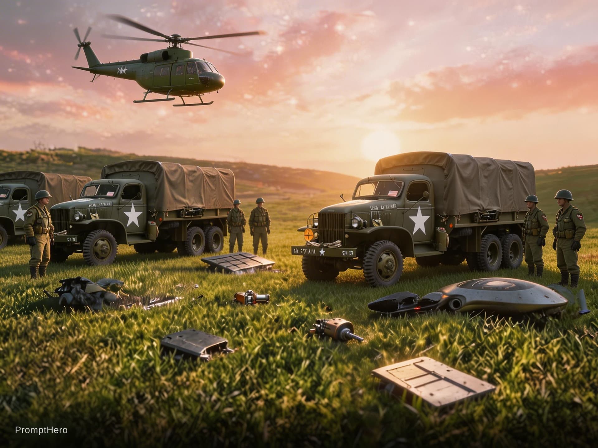 AI generated: Sci-Fi scene. Recreating ROSWELL. Show 1947 Army Trucks, Army Personnel, and an Army Helicopter Unre...